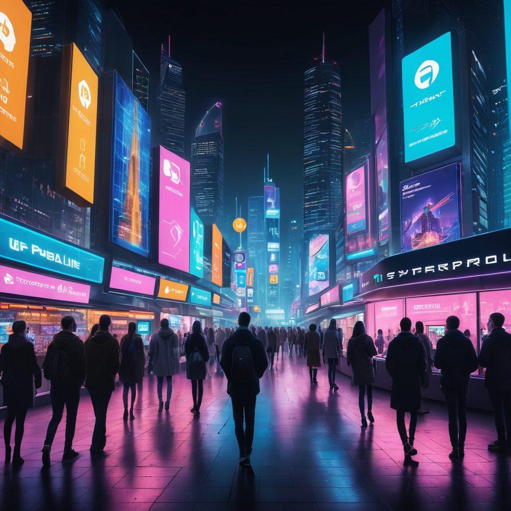 A bustling modern metropolis with people using various payment methods like smartphones, smartwatches, and contactless cards in a vibrant, futuristic setting. Display digital screens showcasing cryptocurrency, QR codes, and e-wallet logos. Include a diverse crowd engaging with innovative payment kiosks, illuminated by neon lights. The skyline should feature futuristic buildings and digital billboards. super-realistic. vibrant colors. cyberpunk.