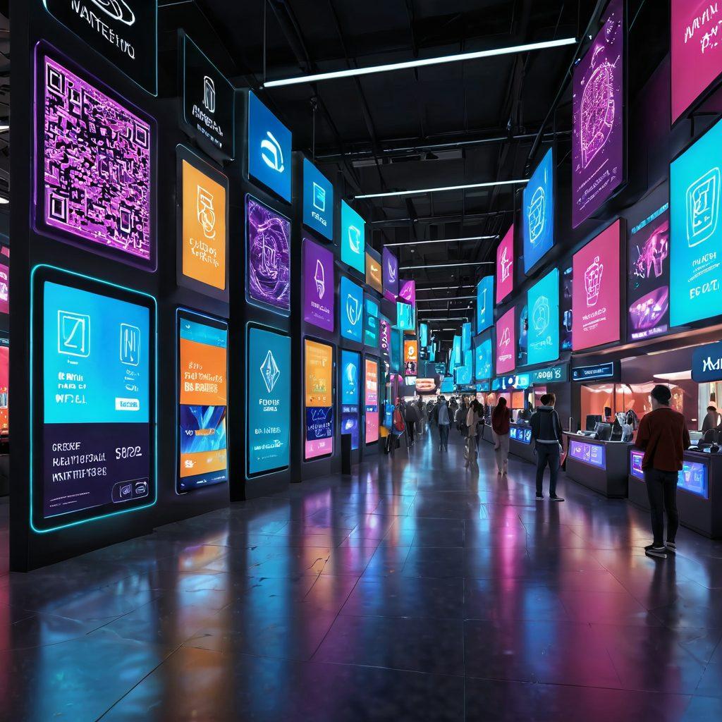 A futuristic digital marketplace scene with vibrant holographic displays showcasing various digital payment methods like QR codes, mobile wallets, and cryptocurrencies. Include diverse shoppers engaging with advanced tech, such as virtual reality interfaces and smart devices in a lively urban setting. Incorporate bright neon colors to emphasize innovation and technology. super-realistic. vibrant colors. 3D.