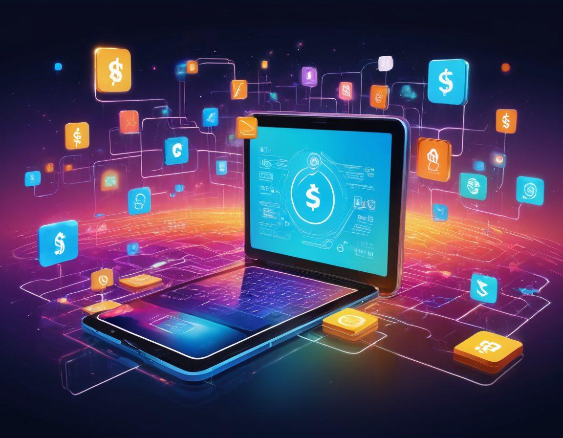 A futuristic digital landscape showcasing various advanced payment solutions, including mobile payments, cryptocurrencies, and biometric authentication. Illustrate diverse individuals engaging seamlessly with technology on devices like smartphones and wearables, surrounded by floating icons of dollar signs and secure locks. The overall atmosphere should convey innovation, efficiency, and trust in online transactions. The color palette should be bright and modern, with a fluid and dynamic composition. super-realistic. vibrant colors.